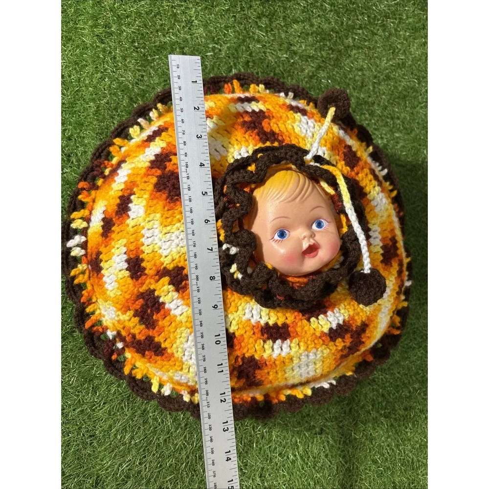 Vintage Crochet Doll Face Pillow‎ 70s Handmade Retro Kitsch Orange Brown 14